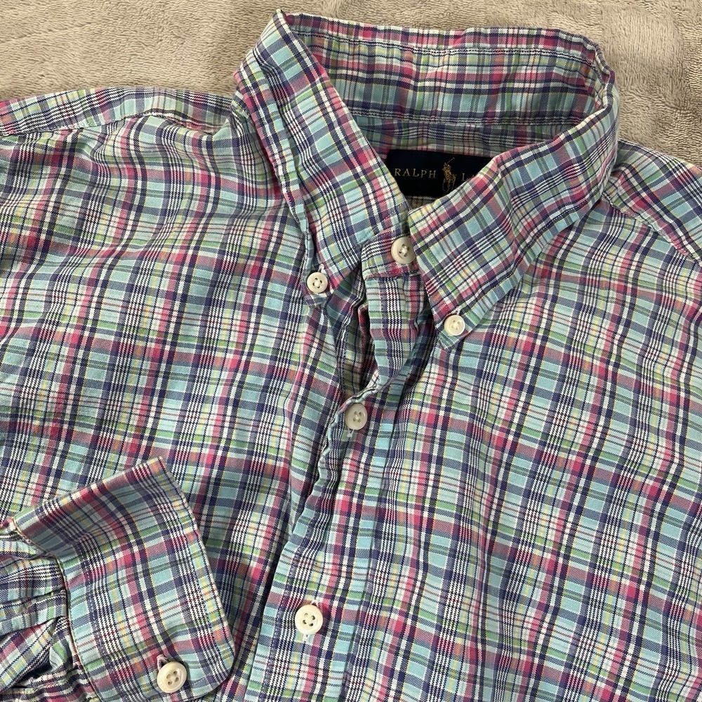 Ralph Lauren Shirt Men's Large Pink Multicolor Plaid Long Sleeve Button Down